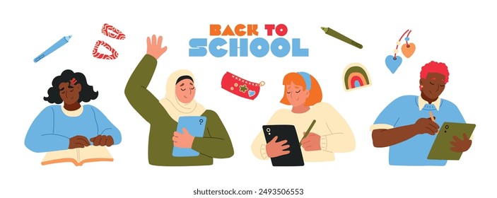 Back to school hand drawn vector illustration set for education, online learning, reading book, school and courses. International education day, teachers day concept art.