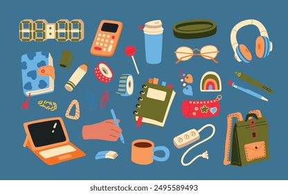 Back to school hand drawn vector illustration set for education, online learning, reading book, school and courses. International education day, teachers day concept art.