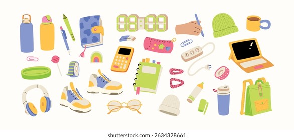 Back to school hand drawn vector illustration set for education, online learning, reading book, school and courses. International education day, teachers day concept art.