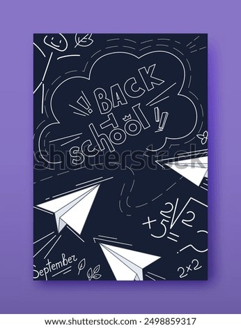 Back to school. Hand drawn vector poster template. Chalkboard mockup. Funny creative childish banner layout. Education concept. Chalk drawing element. Design for autumn card, sale, event advertising