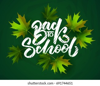 Back to School Hand Drawn.Vector Illustration Autumn leaves,lettering.Design Elements on chalkboard Background. Backdrop,background.Teachers day.Back to School title