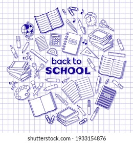 Back to school hand lettering, school supplies and office stationary stickers and patches in circle on a notebook sheet in a cell. Vector design template for invitation, banner, poster. Knowledge Day