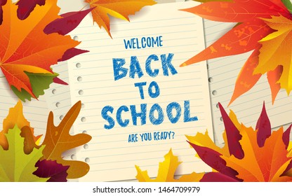 Back to school hand lettering text with bright autumn leaves. Concept design, banner, poster, invitation, card, greeting. Vector illustration. Typography.