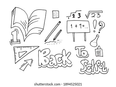Volver a las letras de la mano de la escuela.Concepto de fondo vectorial con elementos de doodle para banner.