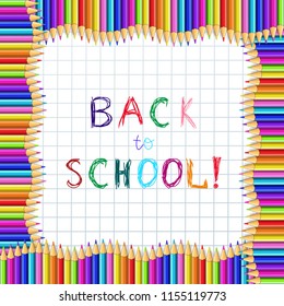 Back to school hand writing sketchy colorful pencils inscription on notebook sheet of white chequered paper surrounded by square wavy frame made of multicolored wooden pencils. Vector  greeting card