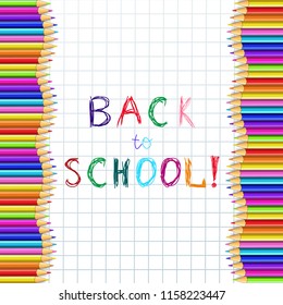 Back to school hand writing sketchy colorful pencils inscription on notebook sheet of white checkered paper with wavy verical border made of multicolored wooden pencils. Vector illustration, postcard