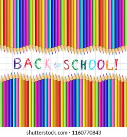 Back to school hand writing sketchy colorful pencils inscription on notebook page of white chequered paper with wavy horizontal frame made of multicolored wood pencils. greeting card, template.