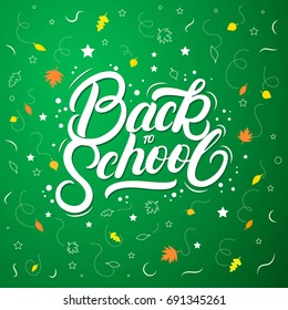 Back to school hand written lettering quote on chalkboard with yellow and orange falling leaves. Modern brush calligraphy. Isolated on background. Vector illustration.