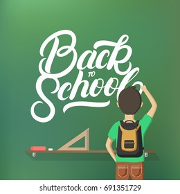 Back to school hand written lettering quote on chalkboard. A boy writes on a school board. Modern brush calligraphy. Isolated on white background. Vector illustration.