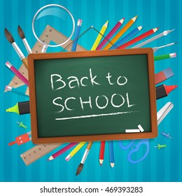 Back to school hand written on chalkboard with school supplies. Business illustration for website or print. Isolated detailed education vector object on blue striped wallpaper.