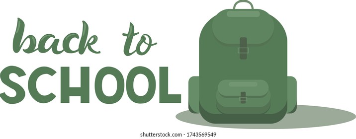 Back to school - hand written sign and backpack illustration for print industry stationary, web design. Vector stock illustration isolated on white background. EPS10