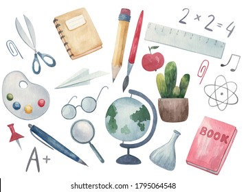 Back to school. Hand-drawn background with school supplies and creative elements. Palette, book, notebook, pen, pencil, brush, glasses, watercolor illustration