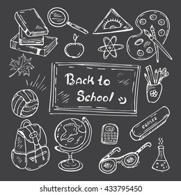 Back to school hand-drawn doodle set. Black and white vector illustration of school supplies. Icons for classrooms, websites and mobile.