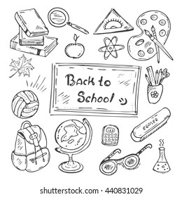 Back to school hand-drawn doodle set. Black and white vector illustration of school supplies. Icons for classrooms, websites and mobile.