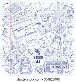 Back to school hand-drawn doodles set with supplies Education sketchy icons in notebook