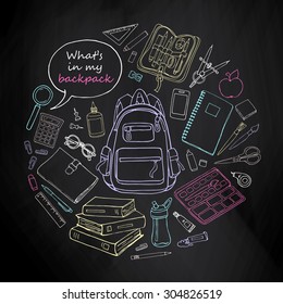 Back to school hand-drawn doodles set with supplies. Education sketchy icons round shape on blackboard