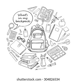 Back to school hand-drawn doodles set with supplies. Black and white education sketchy icons round shape 