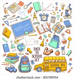 Back to school hand-drawn doodles set with supplies Education sketchy icons on white background