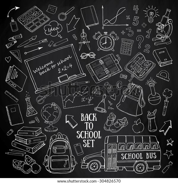 Back to school hand-drawn doodles set\
with supplies Education sketchy icons on\
blackboard