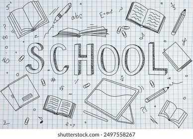 Back to school hand-drawn illustration. Outline school objects on a note page. School sign. Black and white ink pen drawing of a school word, notebook, tablet, pen, copy books, pencil, clips.Editable