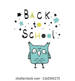 back to school hand-drawn lettering text and funny owl on white background.Vector illustration