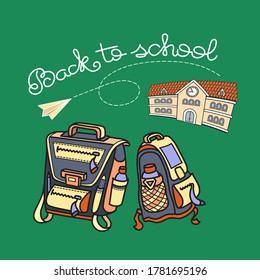 Back to school hand-drawn text, schoolhouse and student bags isolated on green background. First day in school.  Flat cartoon vector illustration.