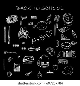 Back to school. Hand-drawn vector set on education. One color.