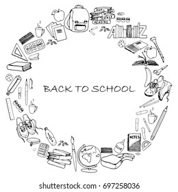 Back to school. Hand-drawn vector set on education. One color. 