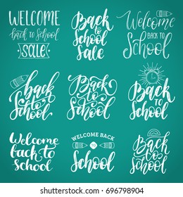 Back To School handwritten phrases set. Vector calligraphic collection for educational poster, banner etc. Drawings of book, pencil, protractor etc.