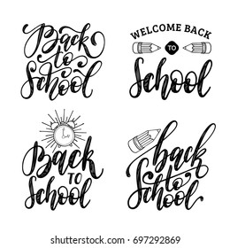 Back To School handwritten phrases set. Vector calligraphic collection for educational poster, banner etc. Drawings of alarm clock and pencils.