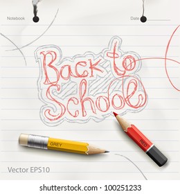 "Back to school"  handwritten with red pencil in notebook. Vector Eps 10 illustration.