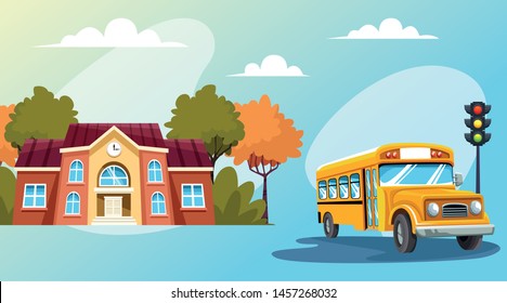 back to school with happiness and school bus and school with trees vector illustration graphic design
