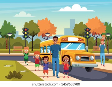 back to school with happiness and fathers sons school bus and kids vector illustration graphic design