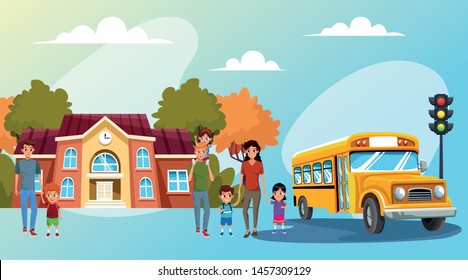 back to school with happiness and schoolchildren and fathers in yellow school bus vector illustration graphic design