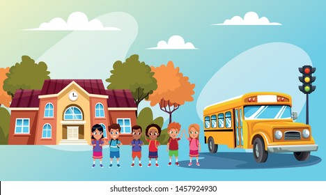 back to school with happiness and schoolchildren and fathers in yellow school bus vector illustration graphic design