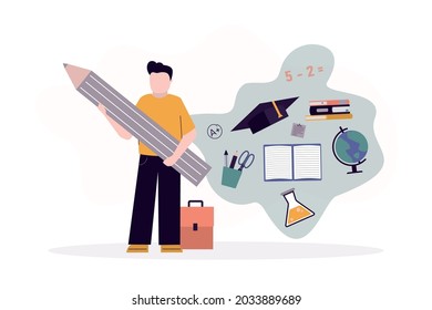 Back to school. Happy boy pupil with pencil. Cartoon child studying. Kid student stay with stationery. Male scholar studies and learning. Concept of education and knowledge. Flat vector illustration