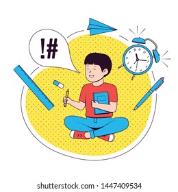 Back to school. Happy boy with school supplies. School boy .Vector illustration.