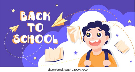 Back to school. Happy child. First day of school. Knowledge is power. Boy is enthusiastically preparing for the lesson. Concept banner with copy space. Student with backpacks. Vector illustration 