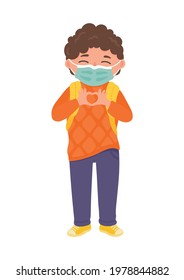 Back to school. Happy school child in madical mask and uniform with backpack making heart shape. Education, studying, learning vector illustration.