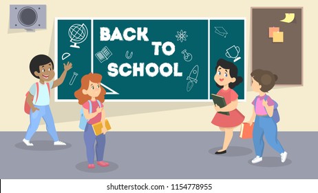 Back to school. Happy children in the classroom with chalkboard . Pupils and students get education. Vector illustration in cartoon style