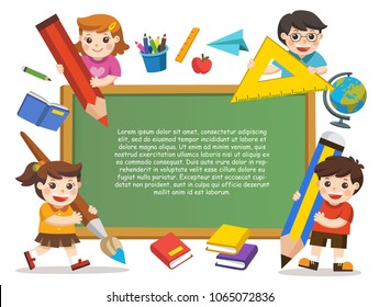 Back to school. Happy children with elements of school. Template for advertising brochure on white background.