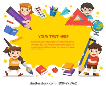 Back to school. Happy children with elements of school. Template for advertising brochure on white background.