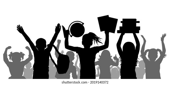 Back to school. Happy school children or first graders with books, globe, backpack on background of cheerful crowd of children. Silhouette. Vector illustration.
