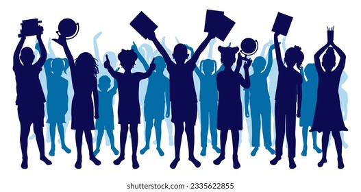 Back to school. Happy school children or first graders with books, globe, etc. (school supplies) on background of cheerful crowd of children. Silhouette. Vector illustration.