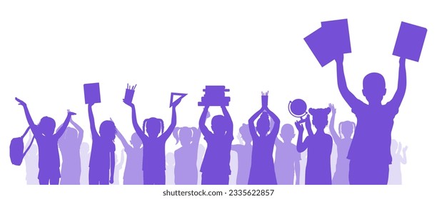 Back to school. Happy school children or first graders with books, globe, etc. (school supplies) on background of cheerful crowd of children. Silhouette. Vector illustration.