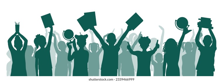 Back to school. Happy school children or first graders with books, globe, etc. (school supplies) on background of cheerful crowd of children. Silhouette. Vector illustration.