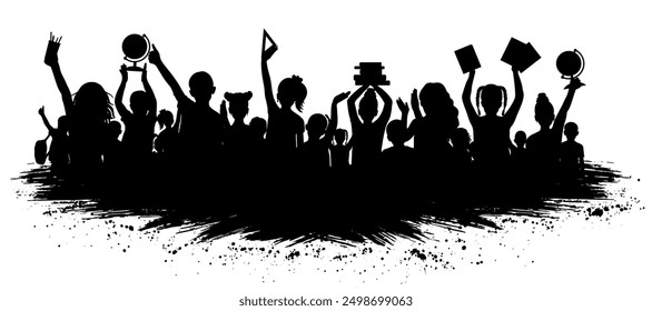 Back to school. Happy school children or first graders with books, globe, etc. (school supplies), crowd of people, silhouette. Vector illustration.