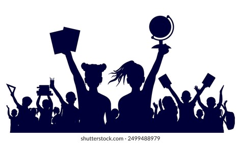 Back to school. Happy school children or first graders with books, globe, etc. (school supplies), crowd of people, silhouette. Vector illustration.