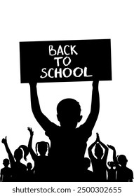 Back to school. Happy school children or first graders and banner, silhouette. Vector illustration.