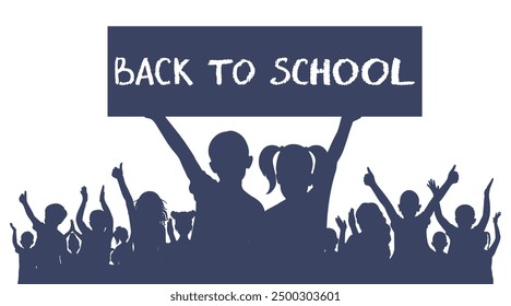 Back to school. Happy school children or first graders, boy and girl are holding banner. Silhouette. Vector illustration.